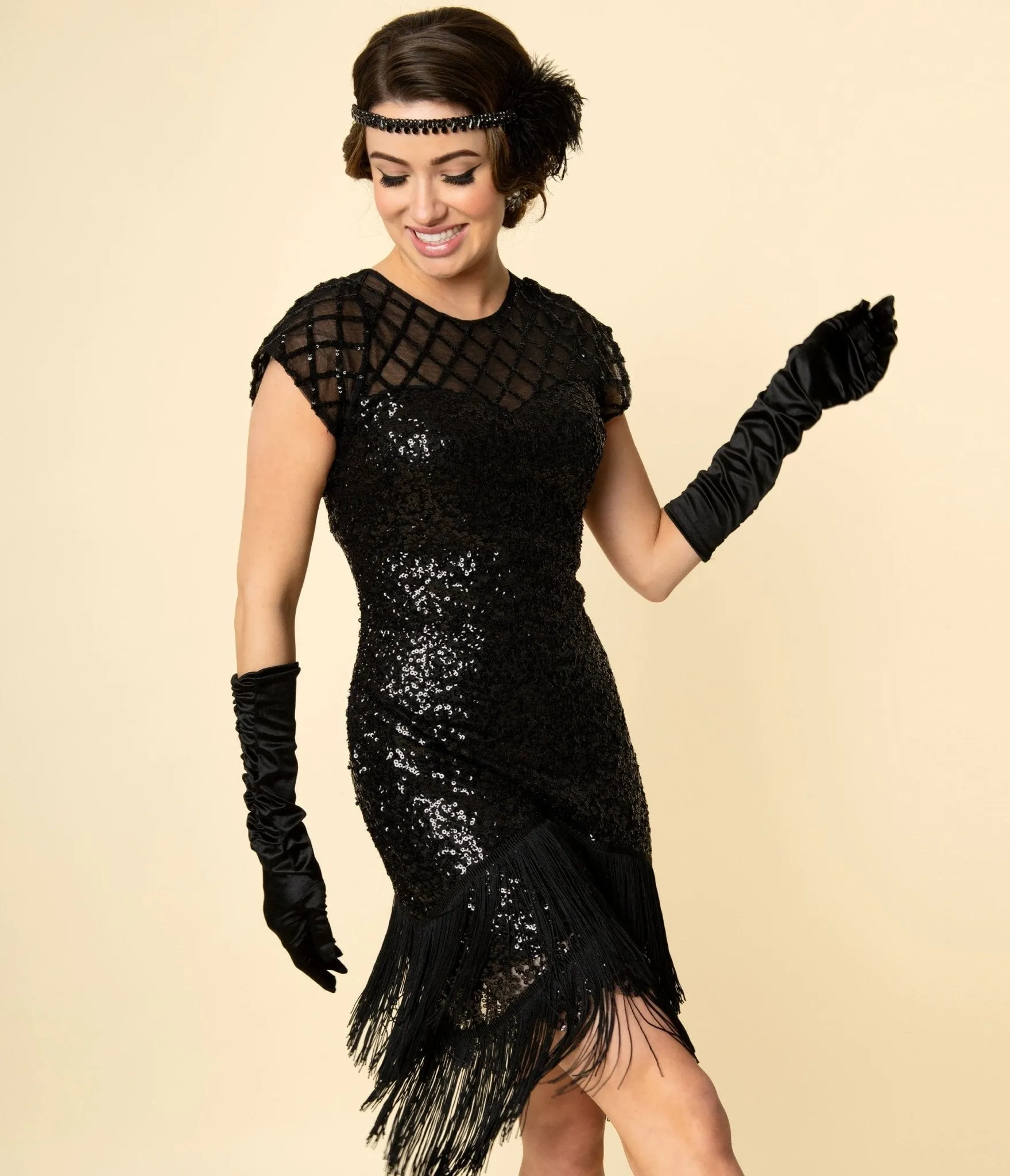 Unique Vintage 1920s Black Sequin Fringe Del Mar Flapper Dress