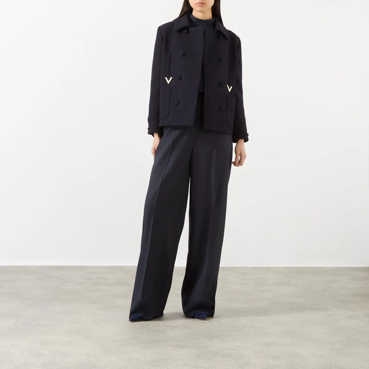 VALENTINO High-Rise Wide Leg Trousers - Navy