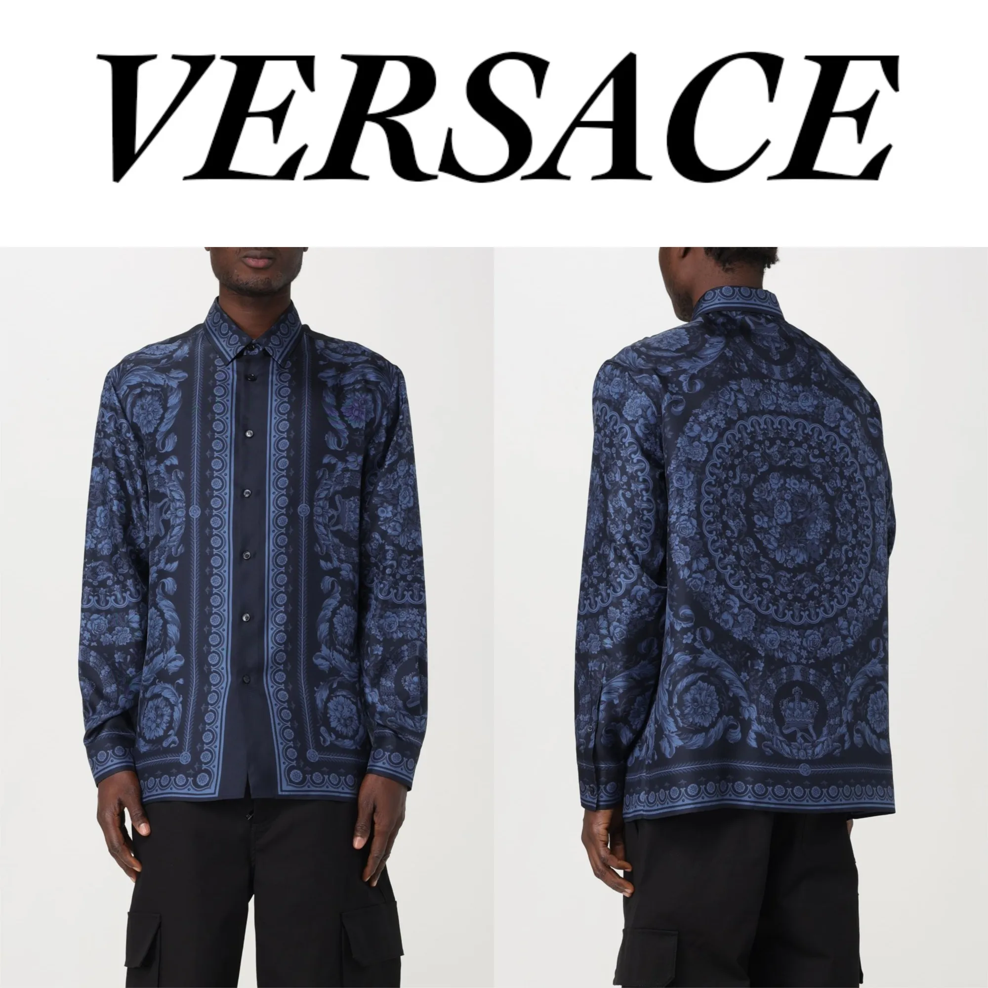 VERSACE  |Unisex Silk Long Sleeves Oversized Logo Luxury Shirts