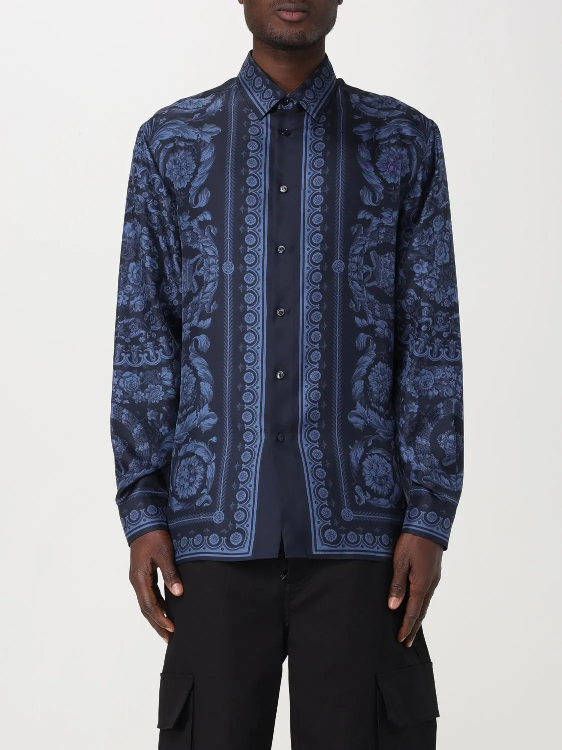 VERSACE  |Unisex Silk Long Sleeves Oversized Logo Luxury Shirts