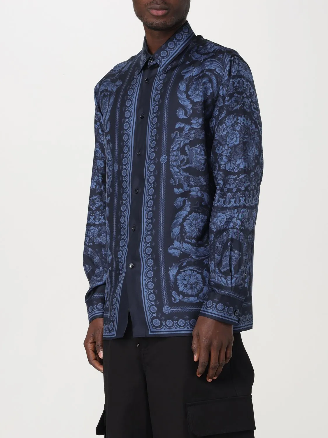 VERSACE  |Unisex Silk Long Sleeves Oversized Logo Luxury Shirts