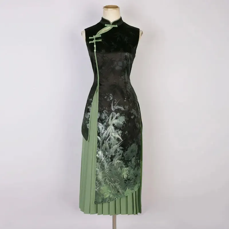 Vintage Bamboo Print Cheongsam Dress