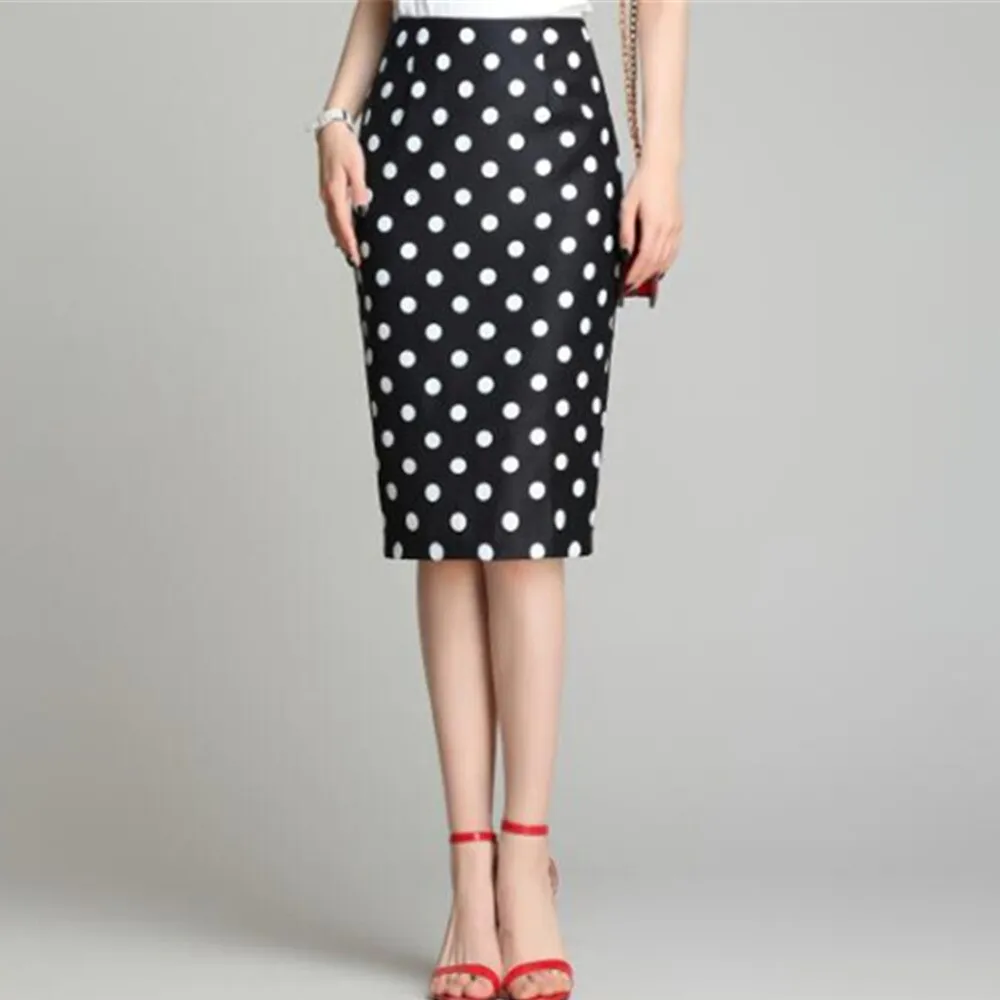 Vintage Black White Stretch Pencil Women Office Lady Formal Polka Dot Midi Skirts Elegant Package Hip Skirts