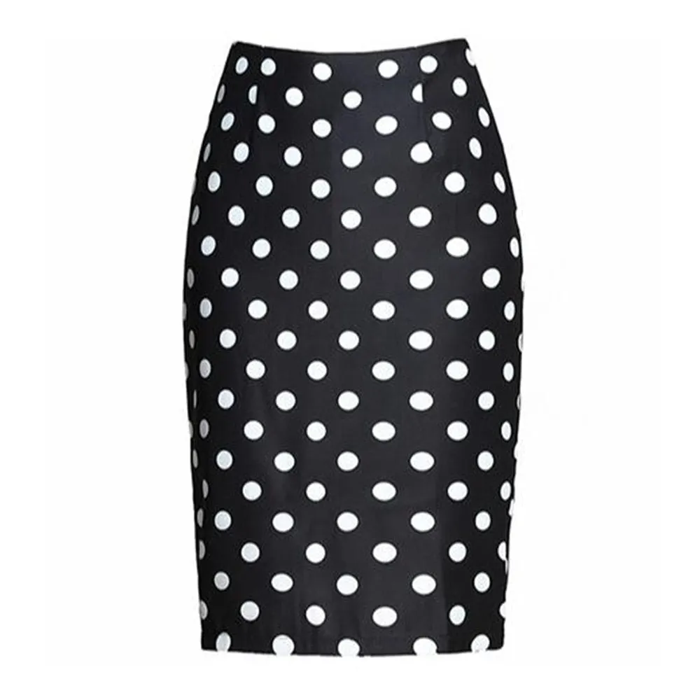 Vintage Black White Stretch Pencil Women Office Lady Formal Polka Dot Midi Skirts Elegant Package Hip Skirts