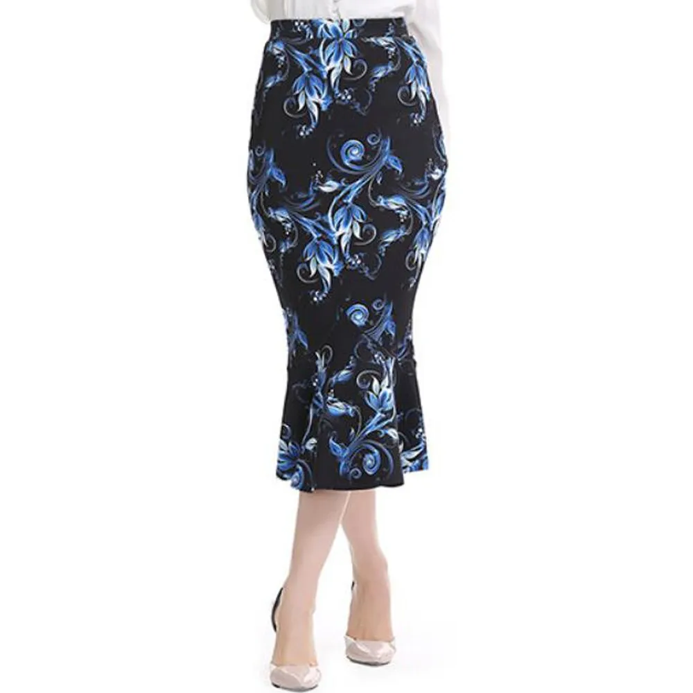 Vintage Floral Women Summer High Waist Slim Midi Skirts Retro Elegant Polka Dot Mermaid Skirt