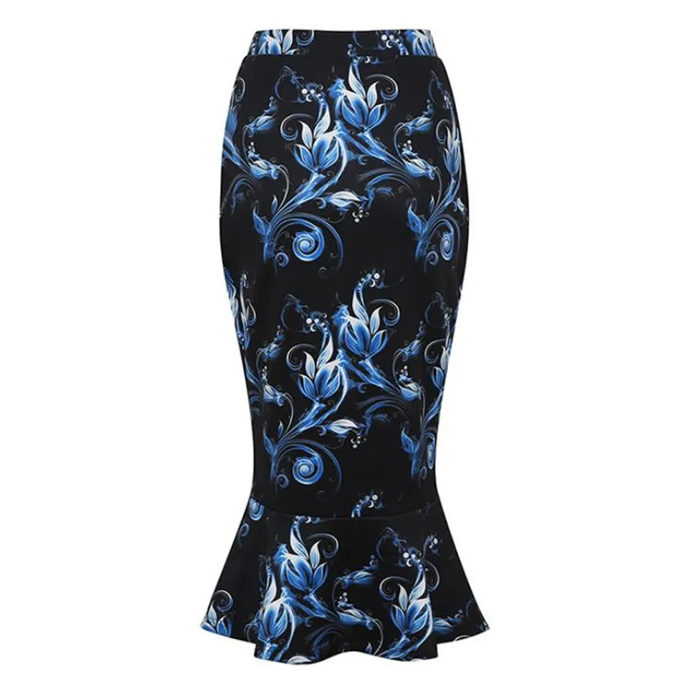 Vintage Floral Women Summer High Waist Slim Midi Skirts Retro Elegant Polka Dot Mermaid Skirt