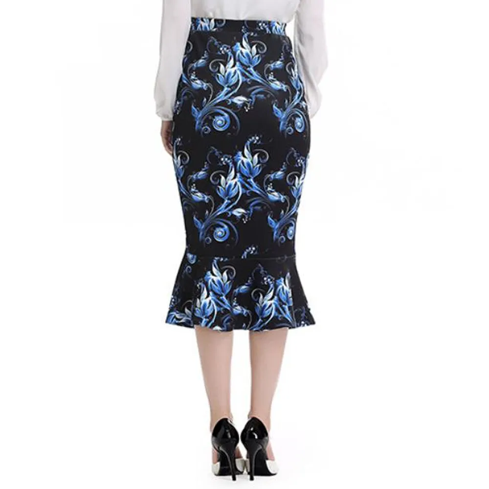 Vintage Floral Women Summer High Waist Slim Midi Skirts Retro Elegant Polka Dot Mermaid Skirt