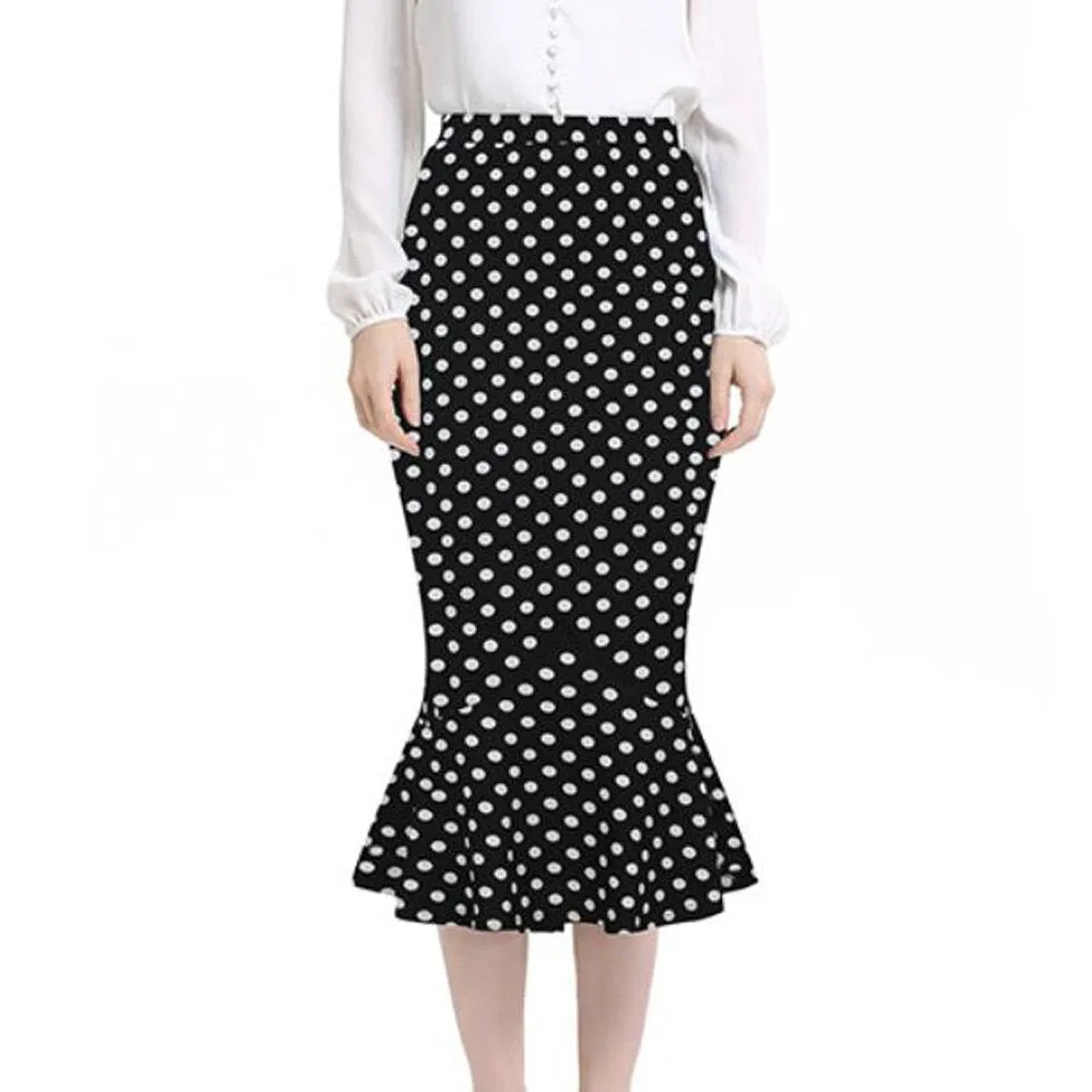 Vintage Floral Women Summer High Waist Slim Midi Skirts Retro Elegant Polka Dot Mermaid Skirt