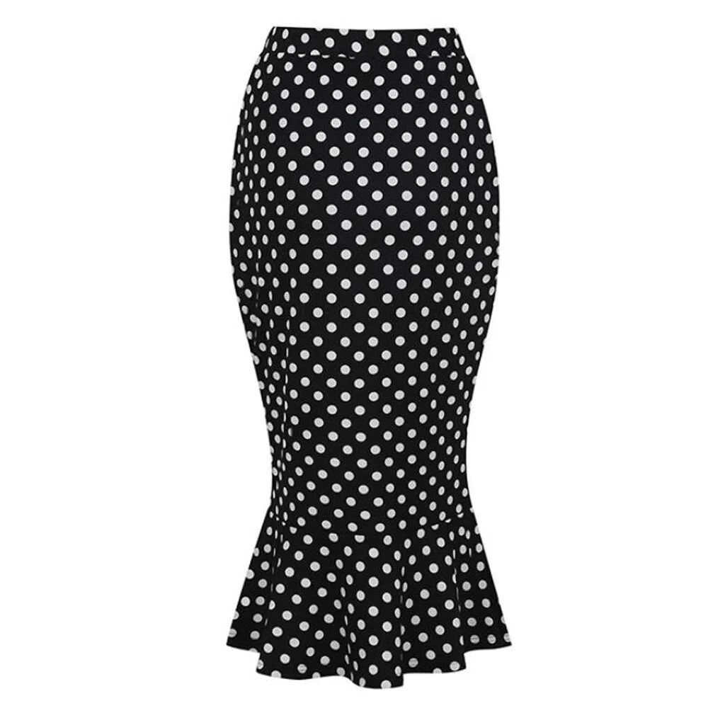 Vintage Floral Women Summer High Waist Slim Midi Skirts Retro Elegant Polka Dot Mermaid Skirt