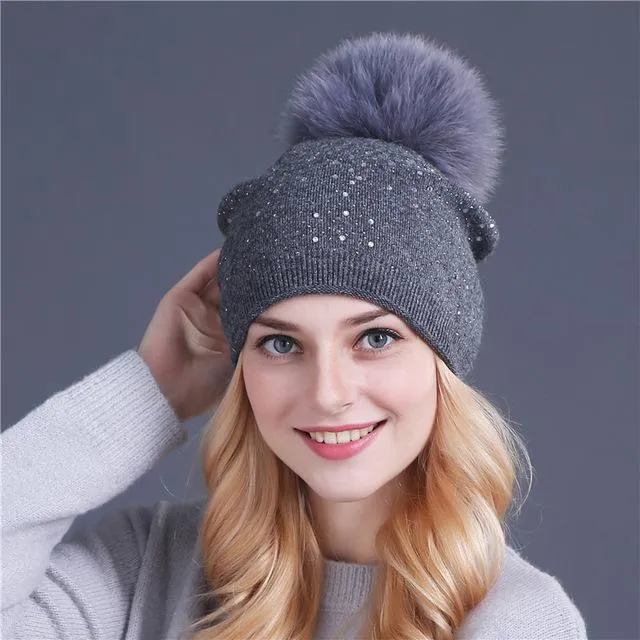 Winter Beanie Rabbit Fur Wool Knitted Hat with Shining Rhinestone for Women