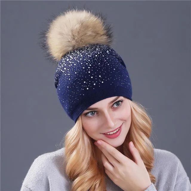 Winter Beanie Rabbit Fur Wool Knitted Hat with Shining Rhinestone for Women