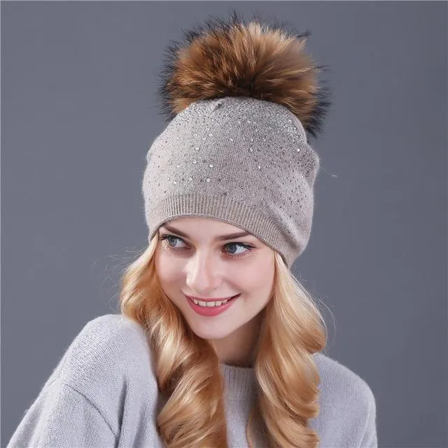 Winter Beanie Rabbit Fur Wool Knitted Hat with Shining Rhinestone for Women