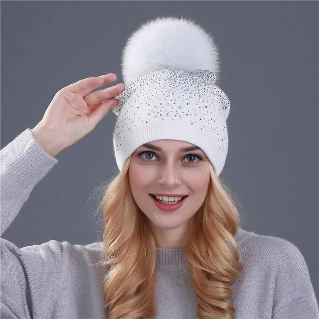 Winter Beanie Rabbit Fur Wool Knitted Hat with Shining Rhinestone for Women