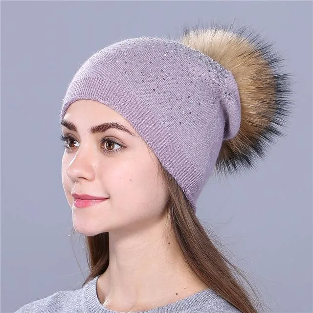 Winter Beanie Rabbit Fur Wool Knitted Hat with Shining Rhinestone for Women