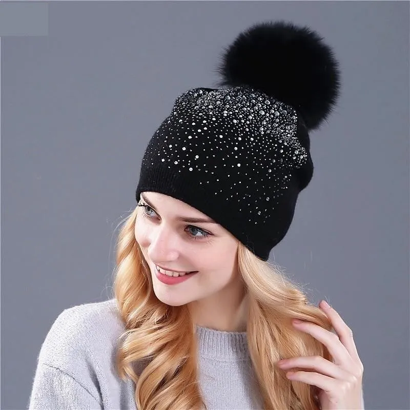 Winter Beanie Rabbit Fur Wool Knitted Hat with Shining Rhinestone for Women