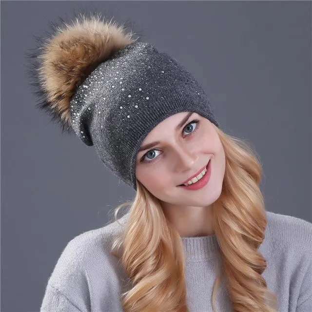 Winter Beanie Rabbit Fur Wool Knitted Hat with Shining Rhinestone for Women