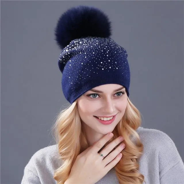 Winter Beanie Rabbit Fur Wool Knitted Hat with Shining Rhinestone for Women