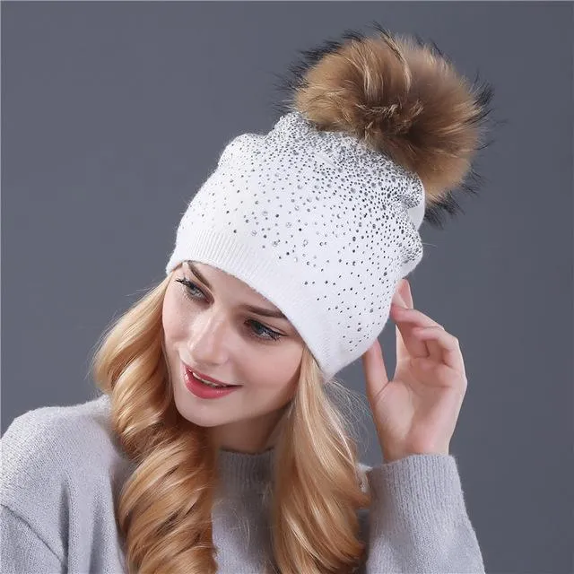 Winter Beanie Rabbit Fur Wool Knitted Hat with Shining Rhinestone for Women