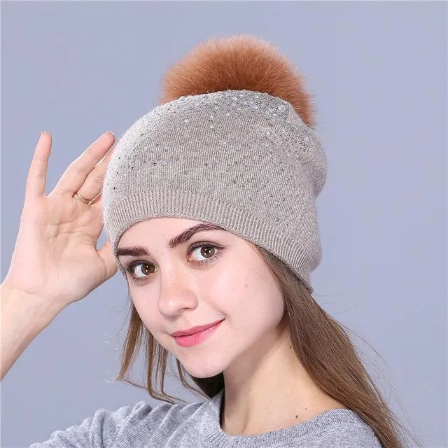 Winter Beanie Rabbit Fur Wool Knitted Hat with Shining Rhinestone for Women