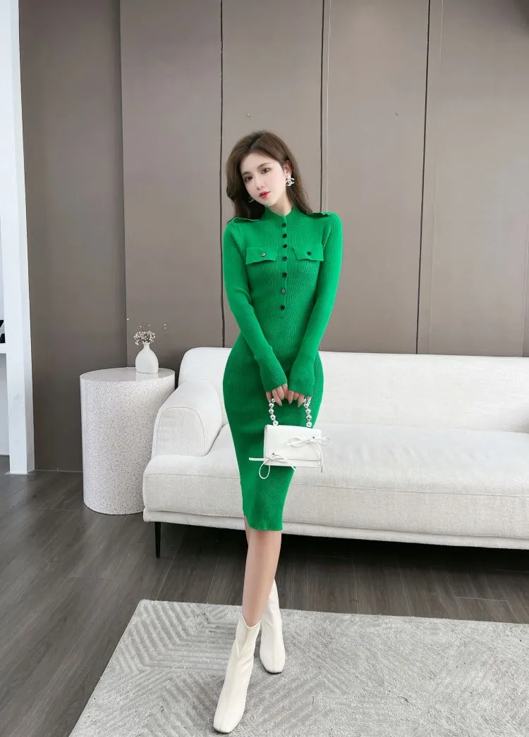 Winter Women's Solid Button Elastic Knitted Pencil Bodycon Dresses