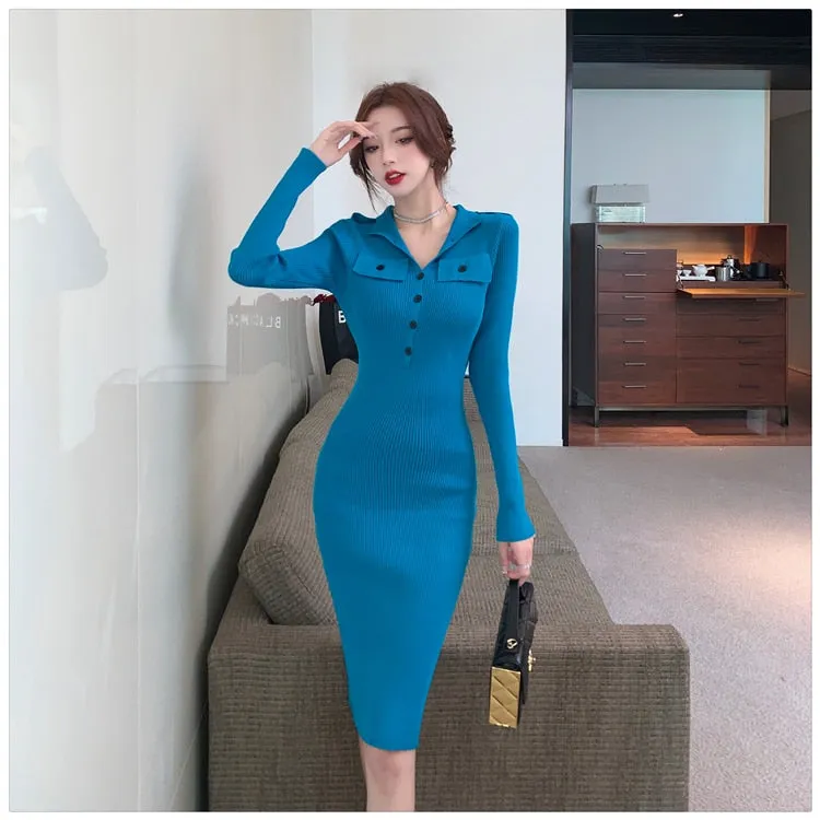 Winter Women's Solid Button Elastic Knitted Pencil Bodycon Dresses