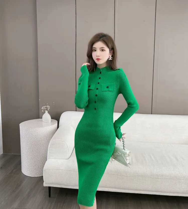 Winter Women's Solid Button Elastic Knitted Pencil Bodycon Dresses