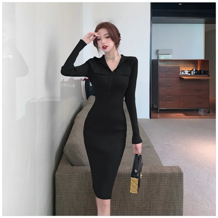 Winter Women's Solid Button Elastic Knitted Pencil Bodycon Dresses