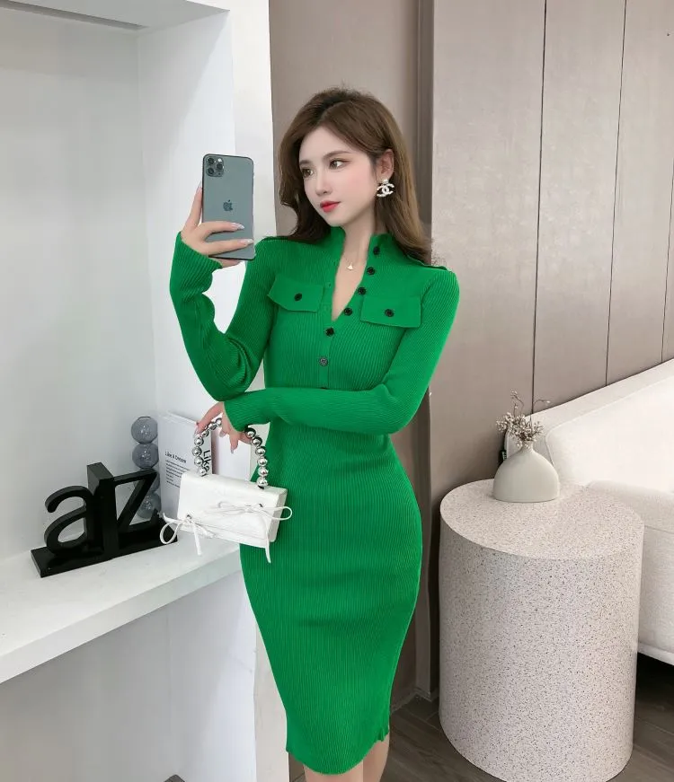 Winter Women's Solid Button Elastic Knitted Pencil Bodycon Dresses