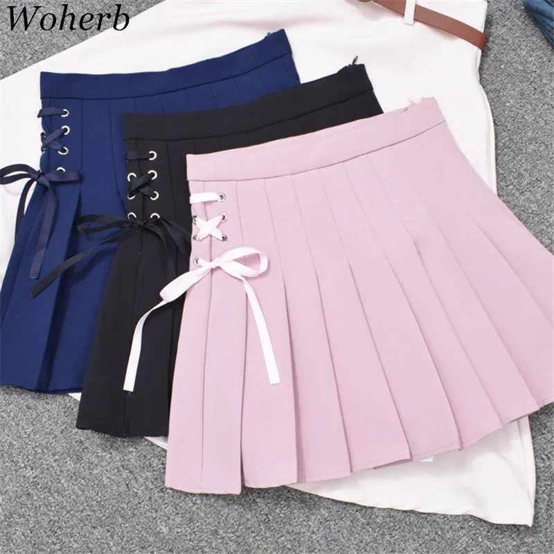 Woherb New  Fashion Pleated Skirt Short Mini Skirts Woman Sexy High Waist Pure Color Bow Tie Skirt Pants Student Style 72737 SM6