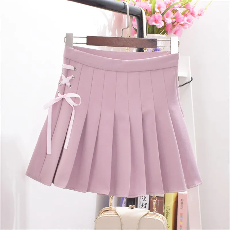 Woherb New  Fashion Pleated Skirt Short Mini Skirts Woman Sexy High Waist Pure Color Bow Tie Skirt Pants Student Style 72737 SM6