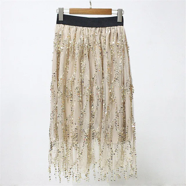 Woherb New  Tulle Skirt Sequins Bling Skirt Elegant Skirts Ball Gown Skirts Fashion Woman High Waist Skirts Plus Size 72751 GS