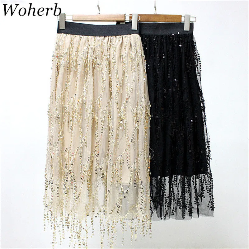 Woherb New  Tulle Skirt Sequins Bling Skirt Elegant Skirts Ball Gown Skirts Fashion Woman High Waist Skirts Plus Size 72751 GS