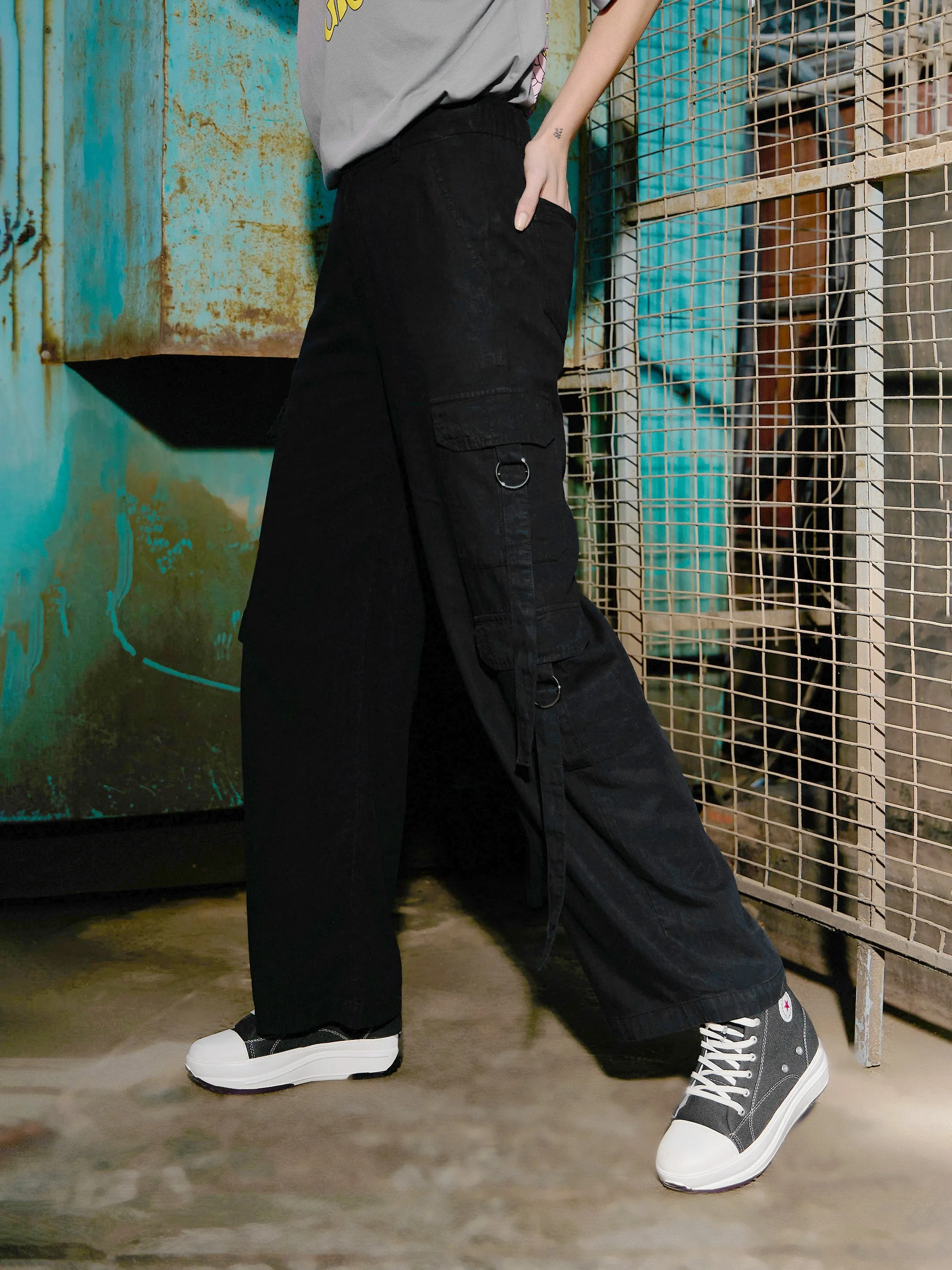 Women Black Tencel Cargo Pants