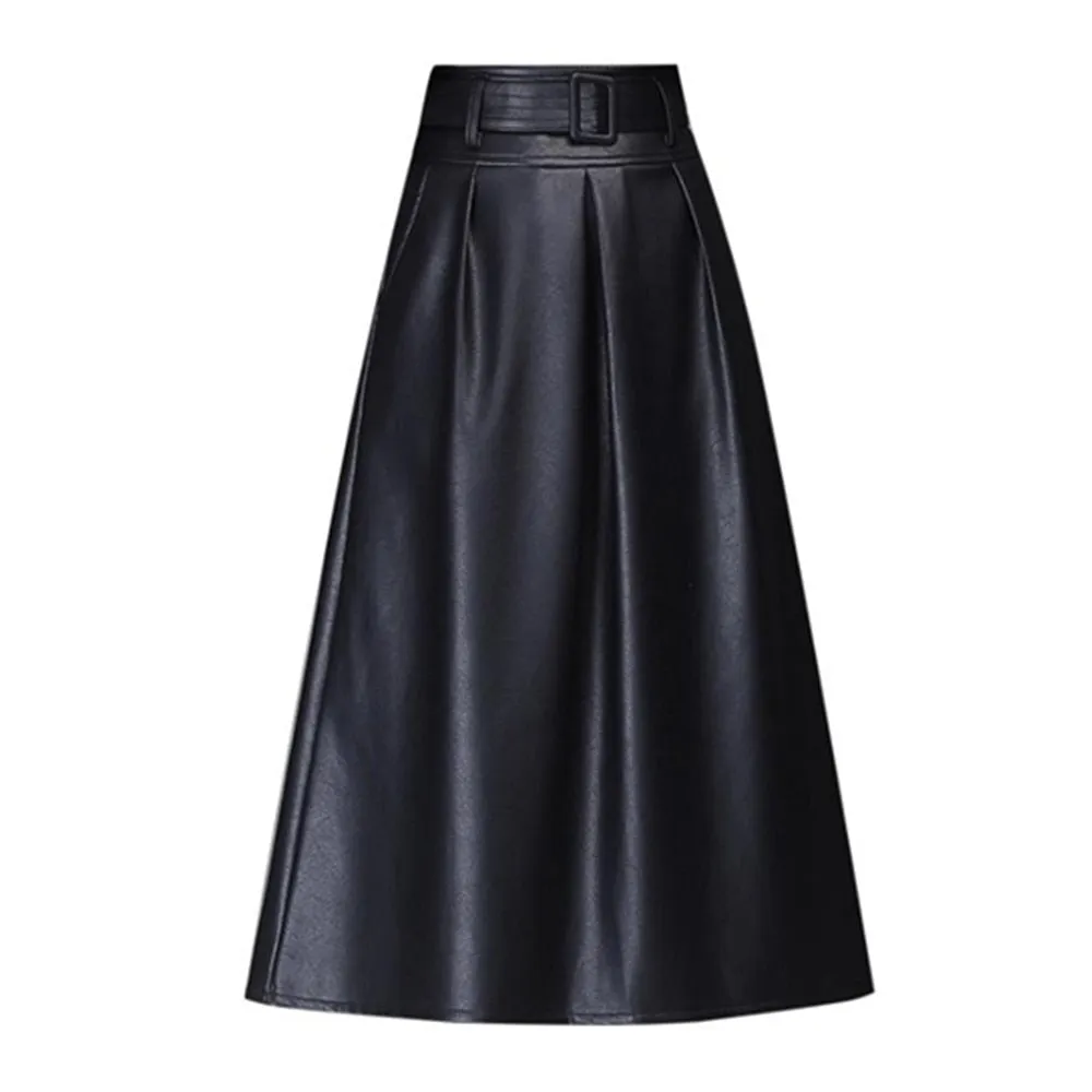 Women Faux Leather Elegant Ladies Office Long Solid Color High Waist A-Line Pleated Maxi Skirts