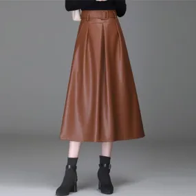 Women Faux Leather Elegant Ladies Office Long Solid Color High Waist A-Line Pleated Maxi Skirts