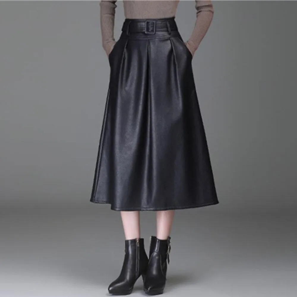 Women Faux Leather Elegant Ladies Office Long Solid Color High Waist A-Line Pleated Maxi Skirts