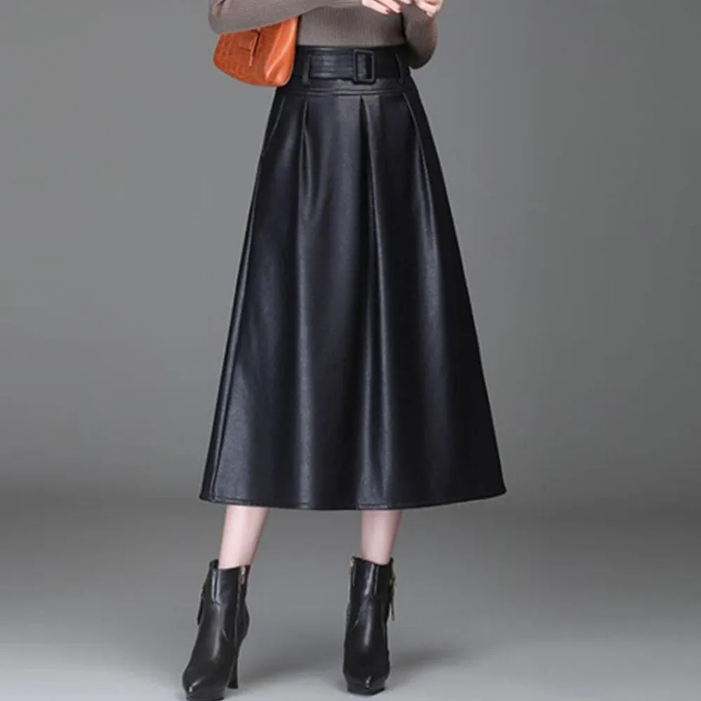 Women Faux Leather Elegant Ladies Office Long Solid Color High Waist A-Line Pleated Maxi Skirts