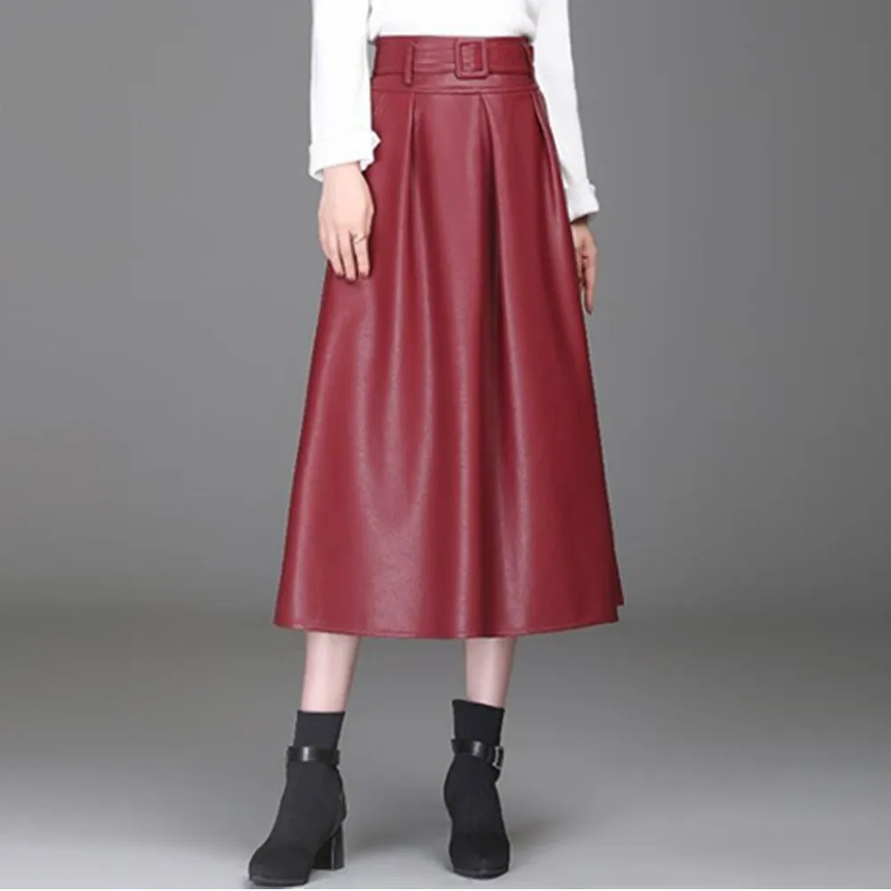 Women Faux Leather Elegant Ladies Office Long Solid Color High Waist A-Line Pleated Maxi Skirts