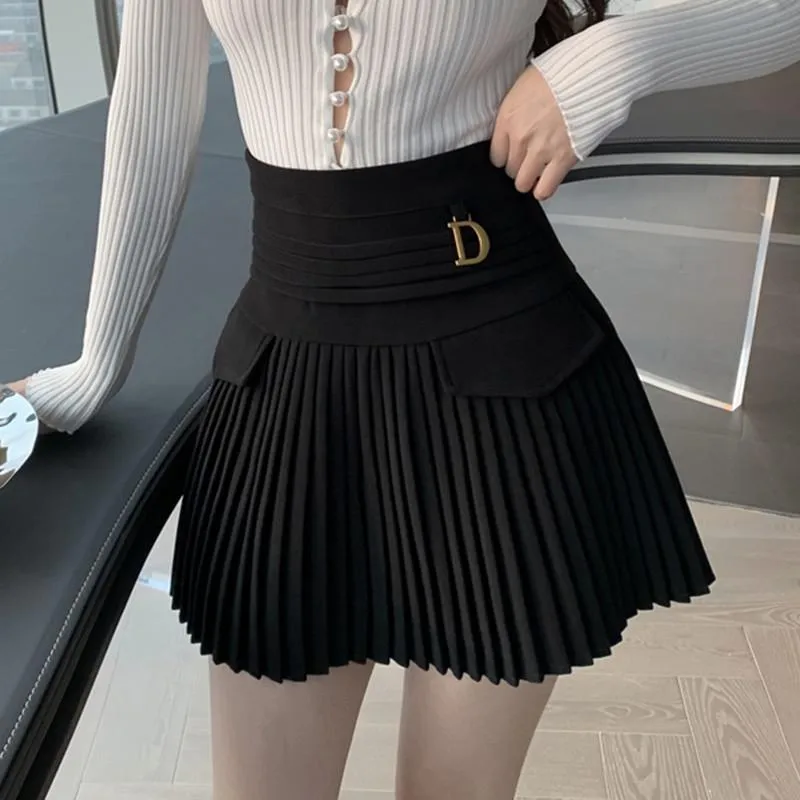 Women High Waist Mini Skirts Fashion Korean Style All-match Solid Color Ladies Elegant Pleated Skirt