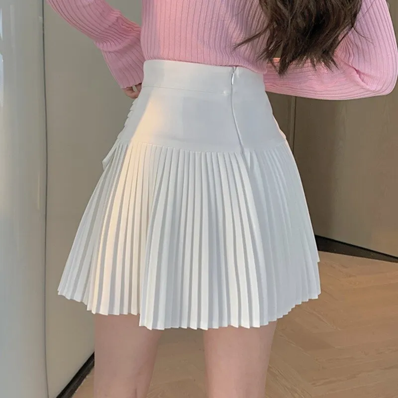 Women High Waist Mini Skirts Fashion Korean Style All-match Solid Color Ladies Elegant Pleated Skirt