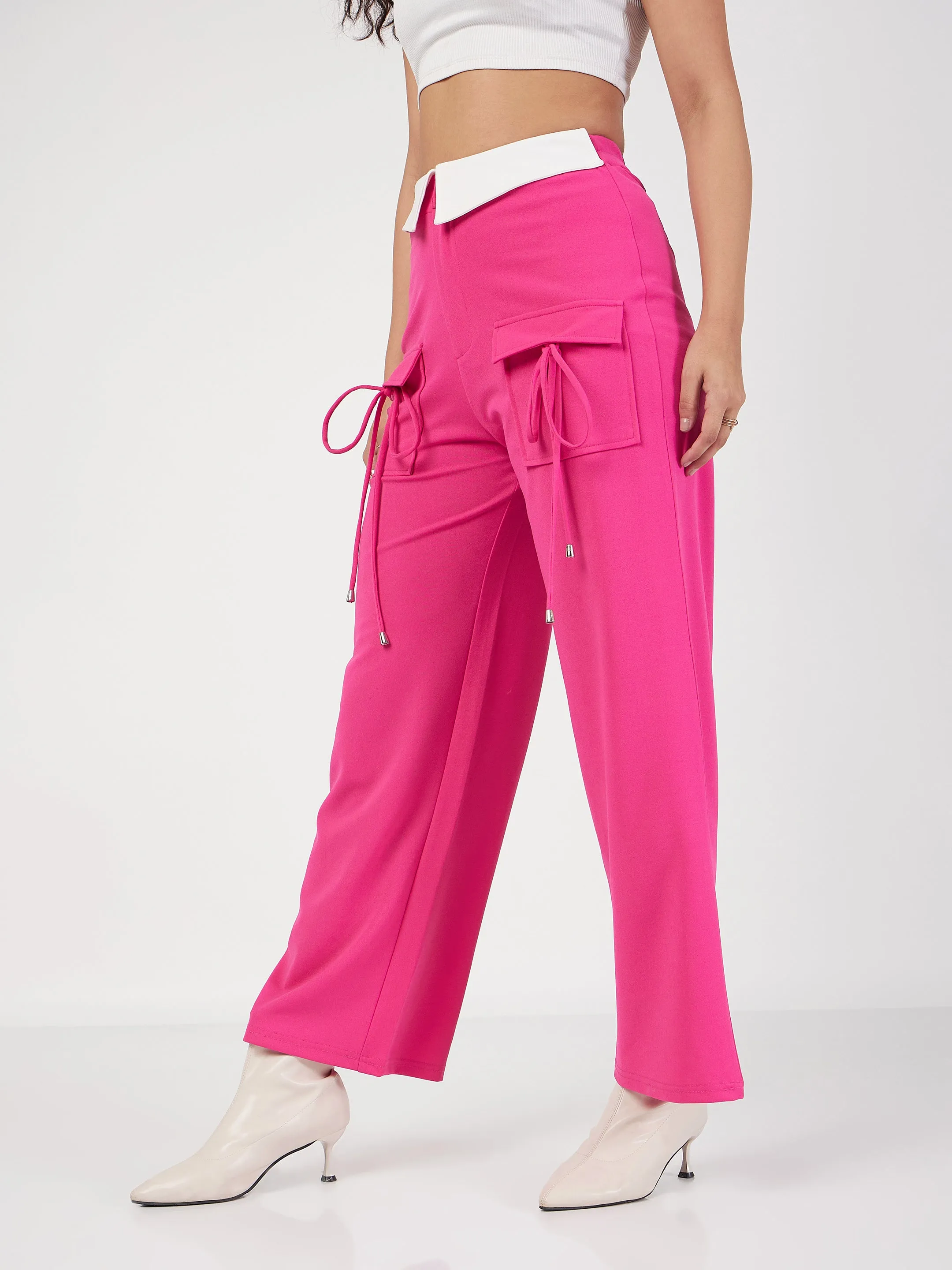 Women Pink Contrast Waistband Cargo Pants