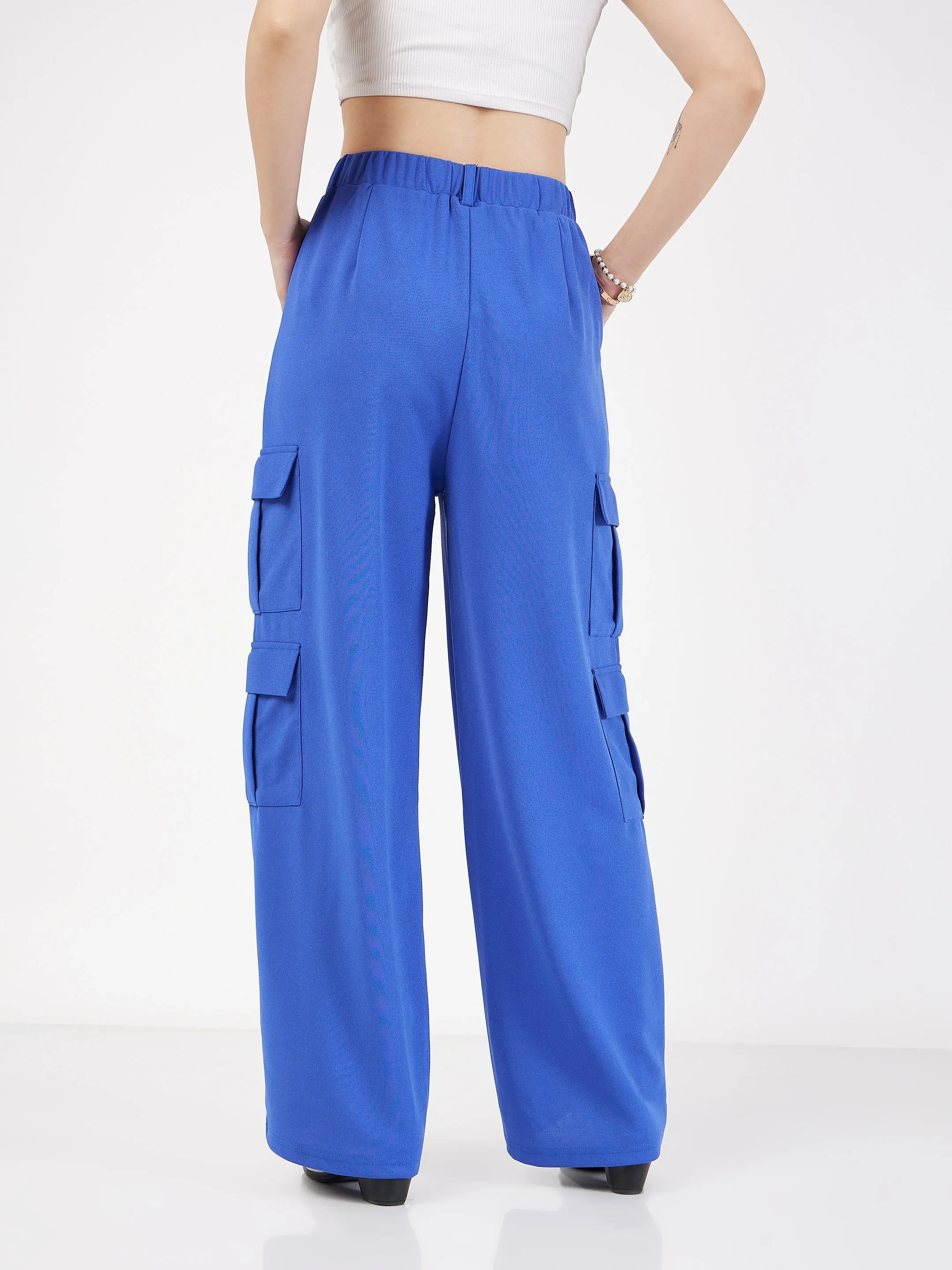 Women Royal Blue Multi Pocket Detail Cargo Pants