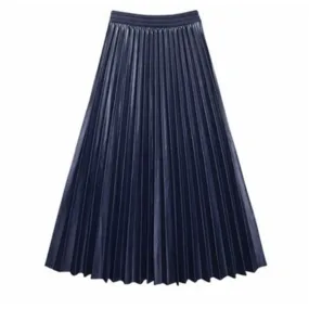 Women Spring Autumn High Waist Pleated Midi Skirts Faux Leather Maxi Long Skirts