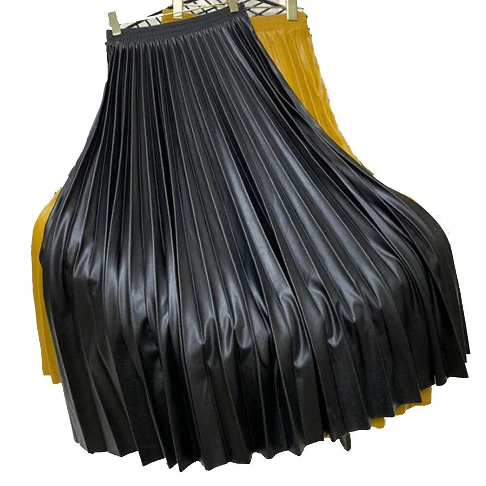 Women Spring Autumn High Waist Pleated Midi Skirts Faux Leather Maxi Long Skirts