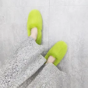 Women's Apple Green Designer Warm Winter Fashion Fur House Slippers