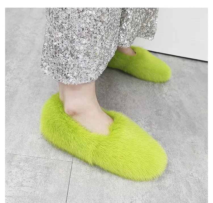 Women's Apple Green Designer Warm Winter Fashion Fur House Slippers