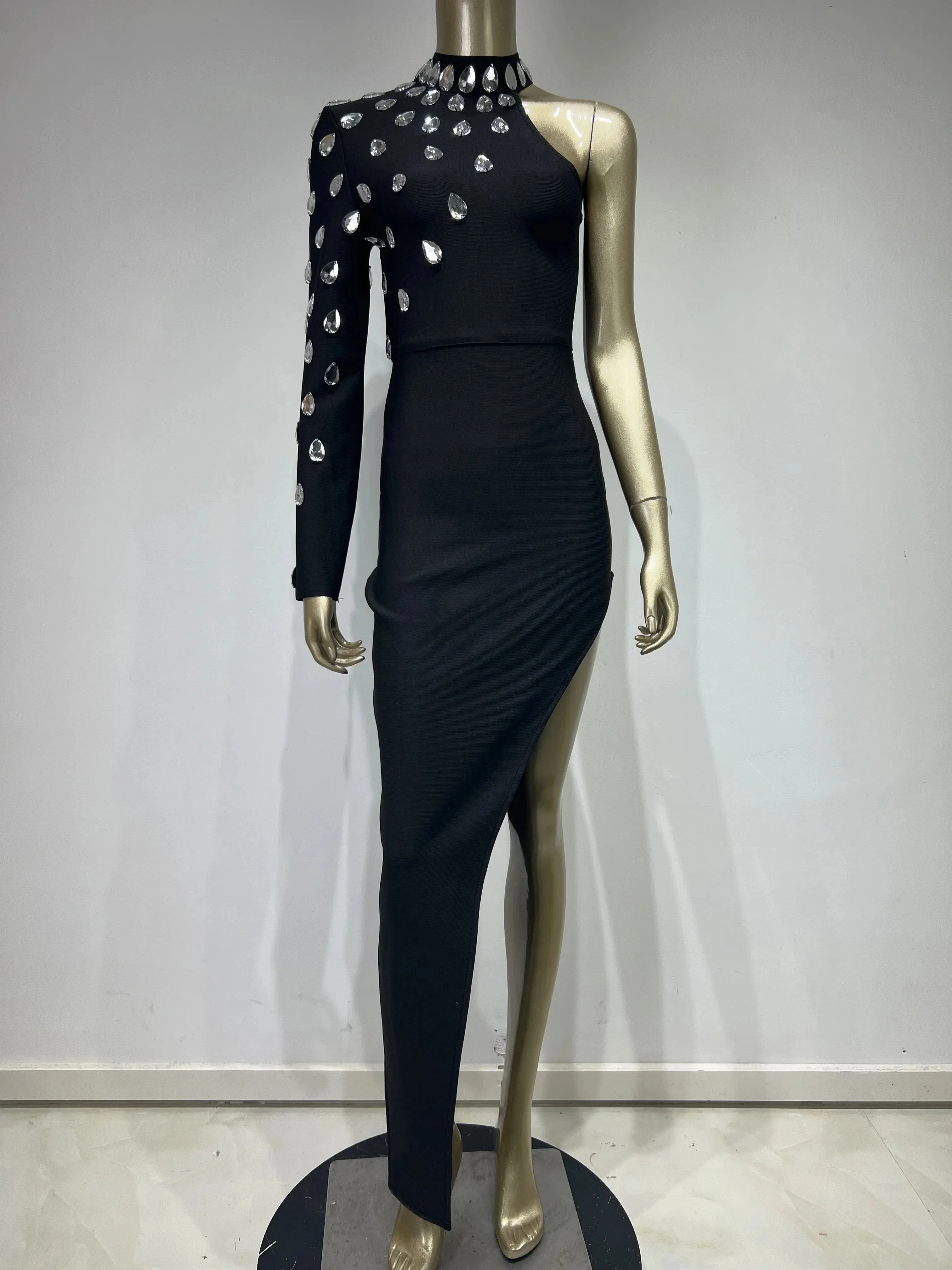 Women's Black Sexy Single Sleeve Rhinestone Bodycon Party Long Dress