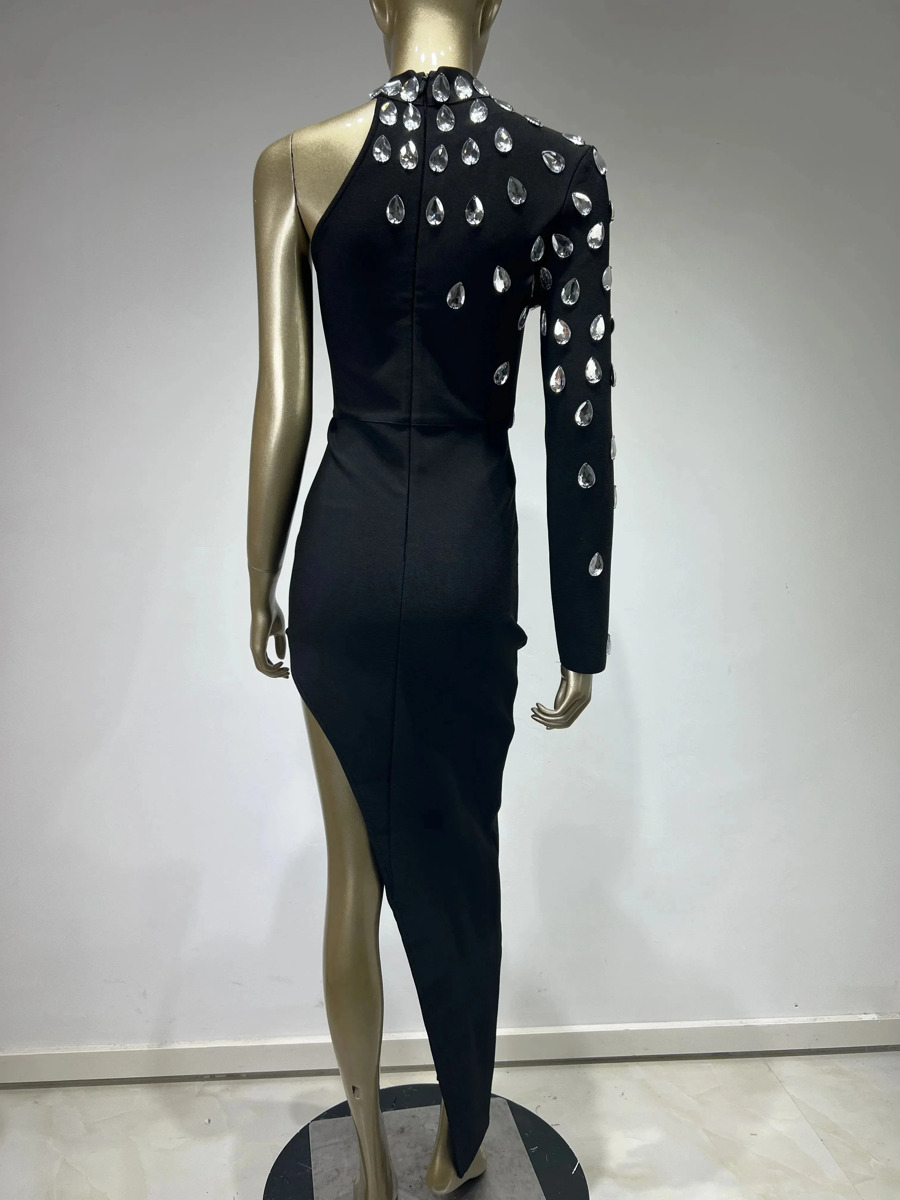 Women's Black Sexy Single Sleeve Rhinestone Bodycon Party Long Dress