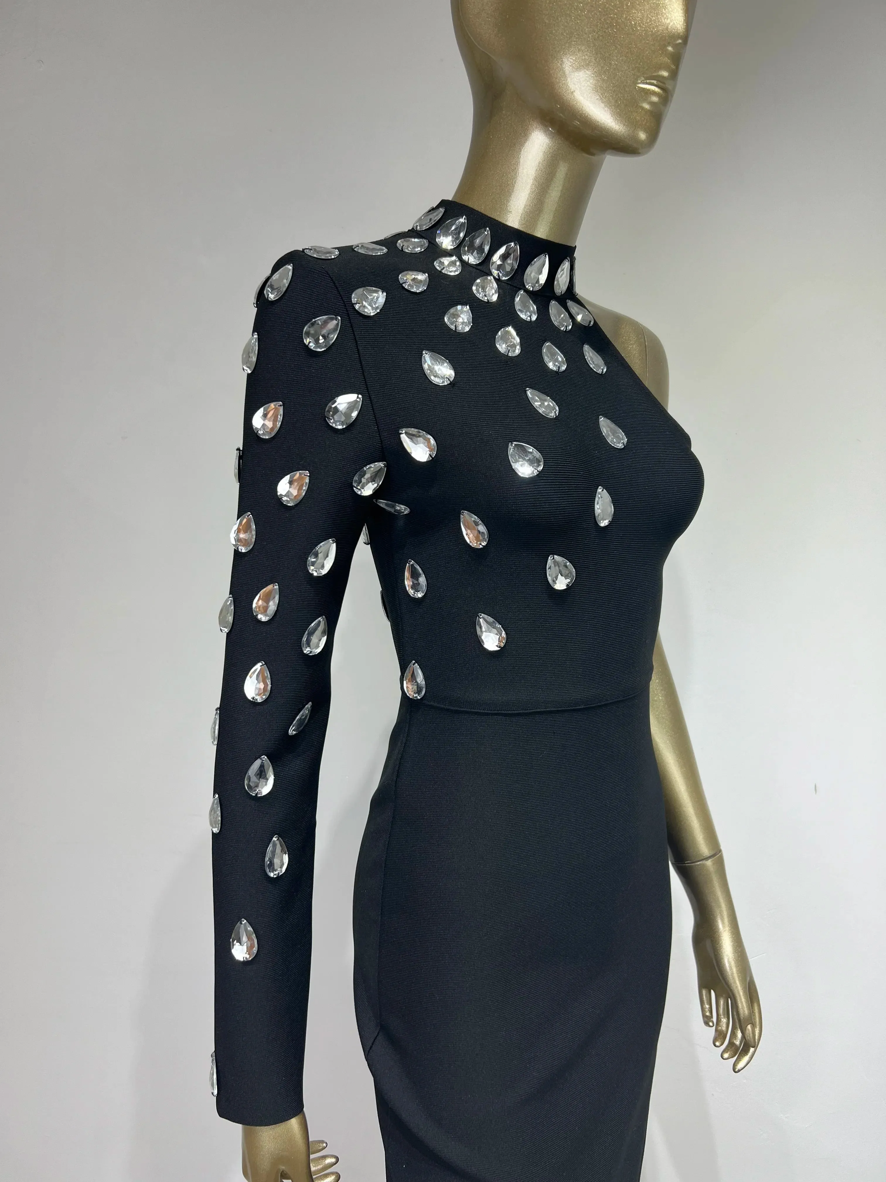 Women's Black Sexy Single Sleeve Rhinestone Bodycon Party Long Dress