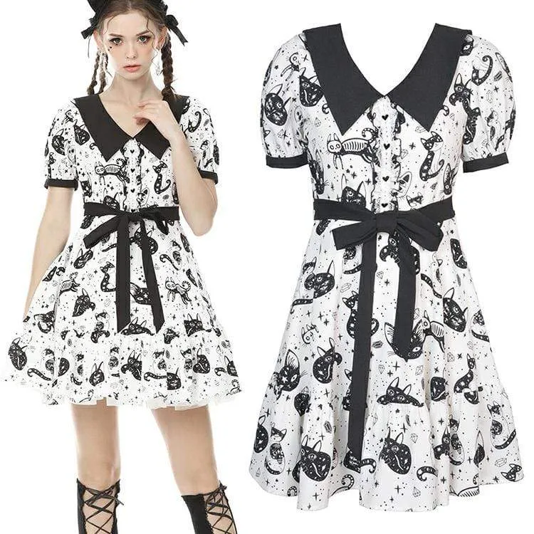 Women's Lolita Cat Printed Peter Pan Collar Short Dresses with Belt